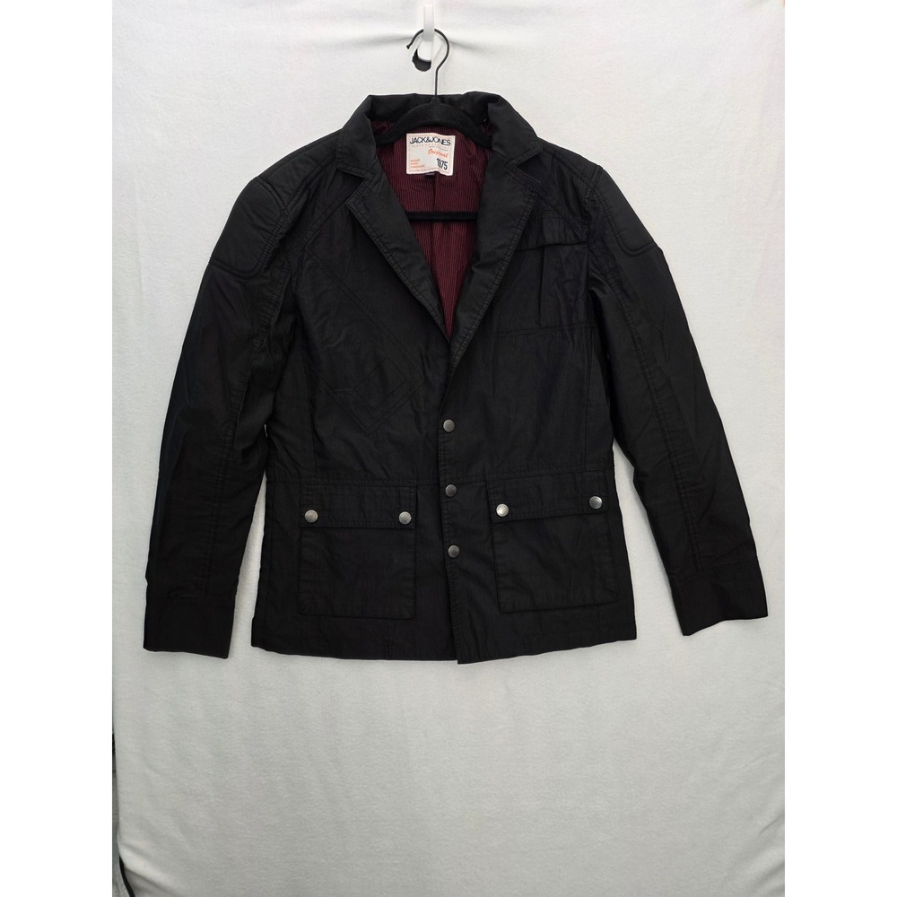 Jack & Jones Field Jacket M Black Padded Elbow Utility Blazer Removable Hood Y2K